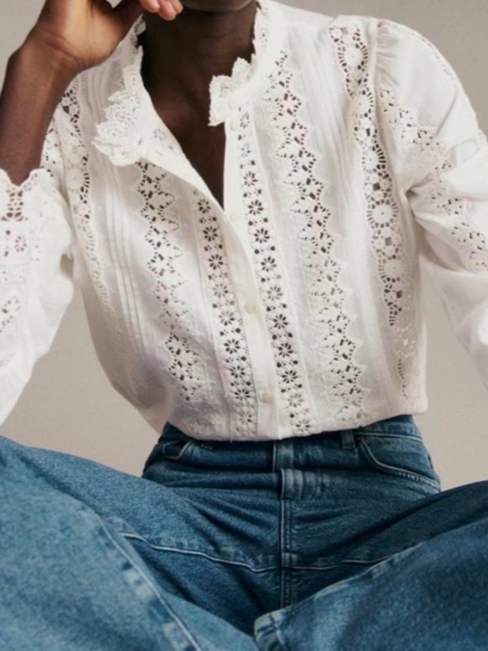 Sezane "Rym" White and Cream Lace Button-Down Blouse size 10 (French 42)